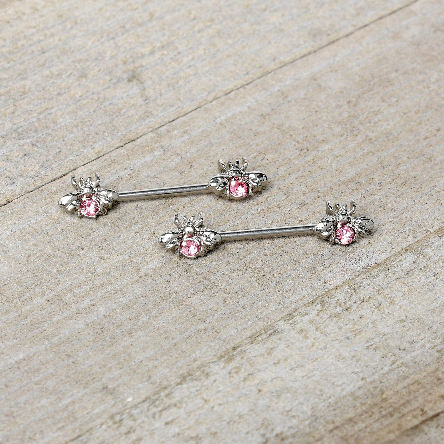 14G 9/16 Pink Gem Bee Beautiful Insect Barbell Nipple Ring Set