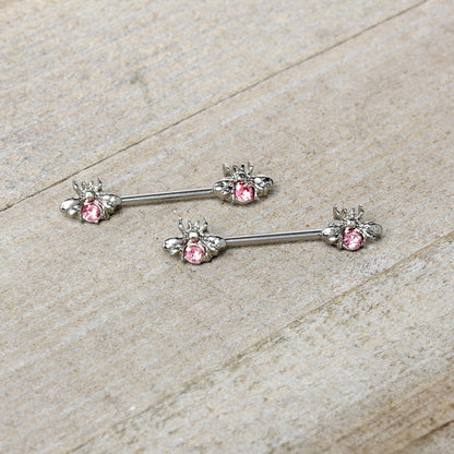 14G 9/16 Pink Gem Bee Beautiful Insect Barbell Nipple Ring Set