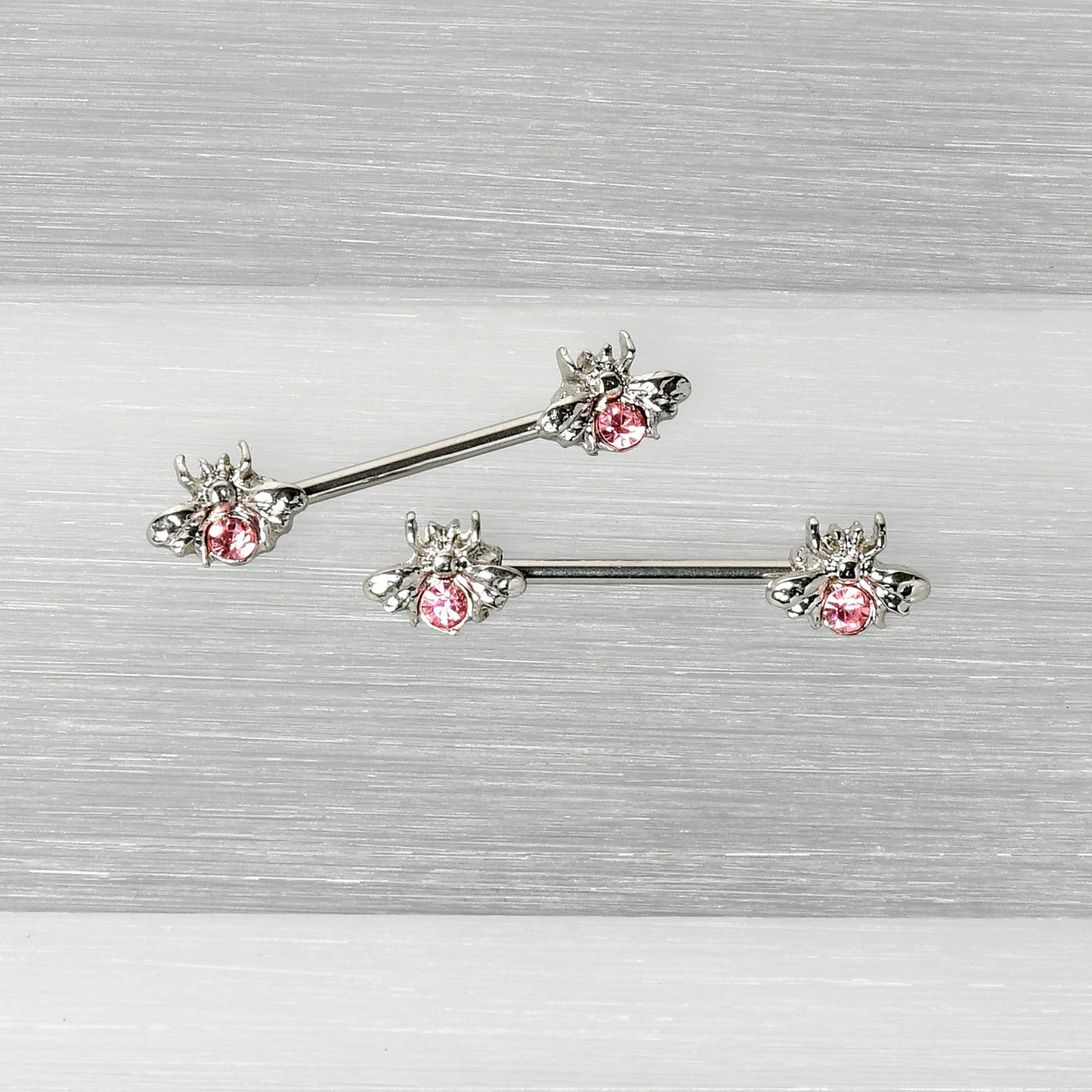 14G 9/16 Pink Gem Bee Beautiful Insect Barbell Nipple Ring Set