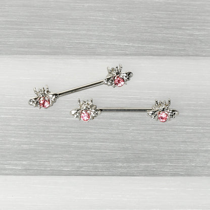 14G 9/16 Pink Gem Bee Beautiful Insect Barbell Nipple Ring Set
