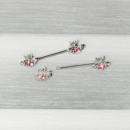 14G 9/16 Pink Gem Bee Beautiful Insect Barbell Nipple Ring Set