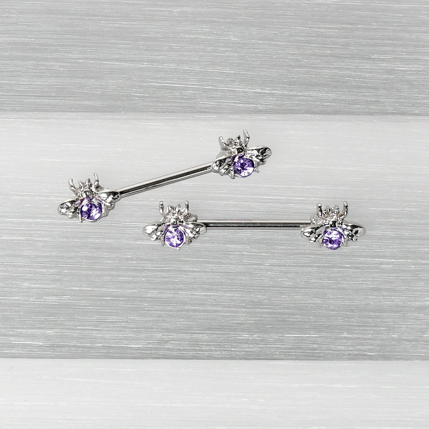 14G 9/16 Purple Gem Bee Beautiful Insect Barbell Nipple Ring Set