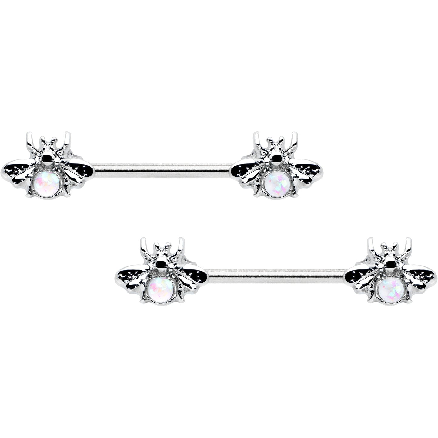 14G 9/16 White Faux Opal Bee Beauty Insect Barbell Nipple Ring Set