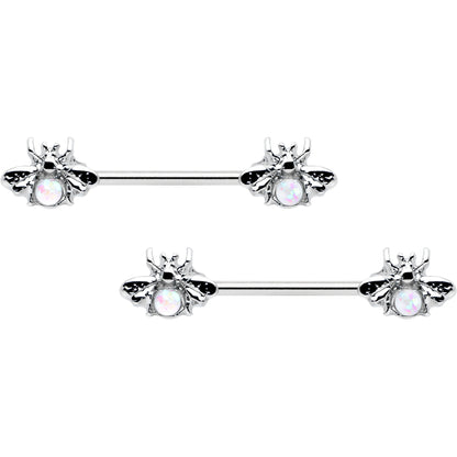14G 9/16 White Faux Opal Bee Beauty Insect Barbell Nipple Ring Set