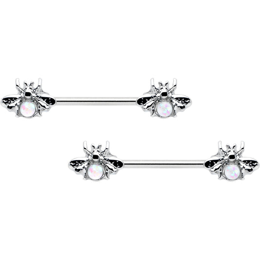 14G 9/16 White Faux Opal Bee Beauty Insect Barbell Nipple Ring Set