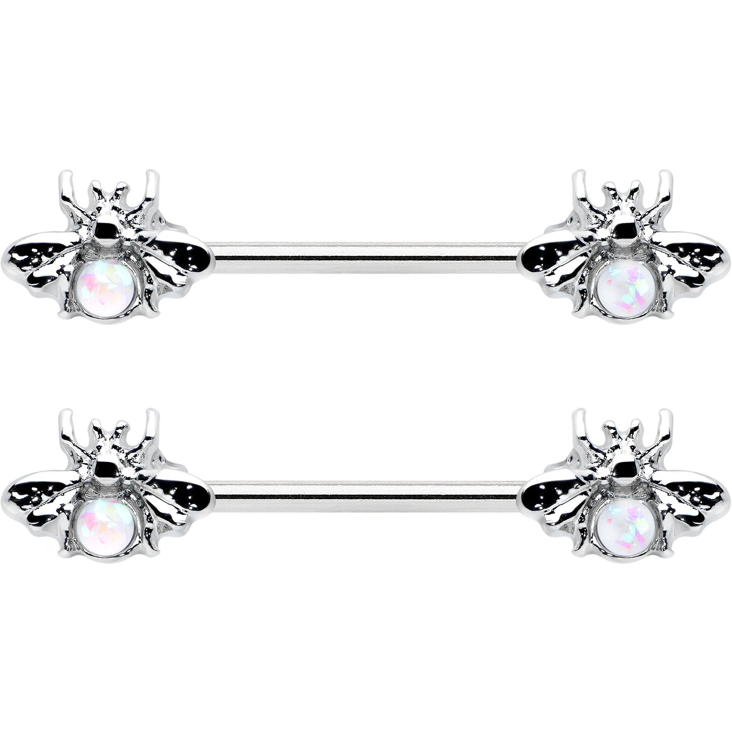 14G 9/16 White Faux Opal Bee Beauty Insect Barbell Nipple Ring Set