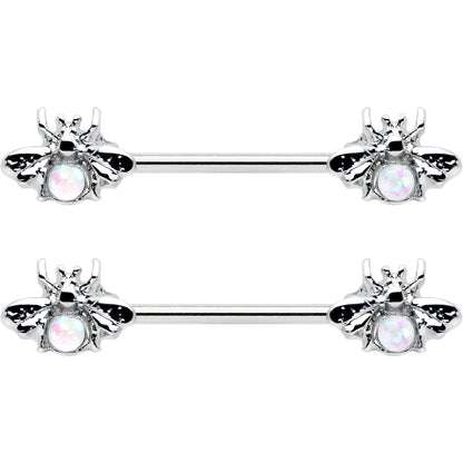 14G 9/16 White Faux Opal Bee Beauty Insect Barbell Nipple Ring Set