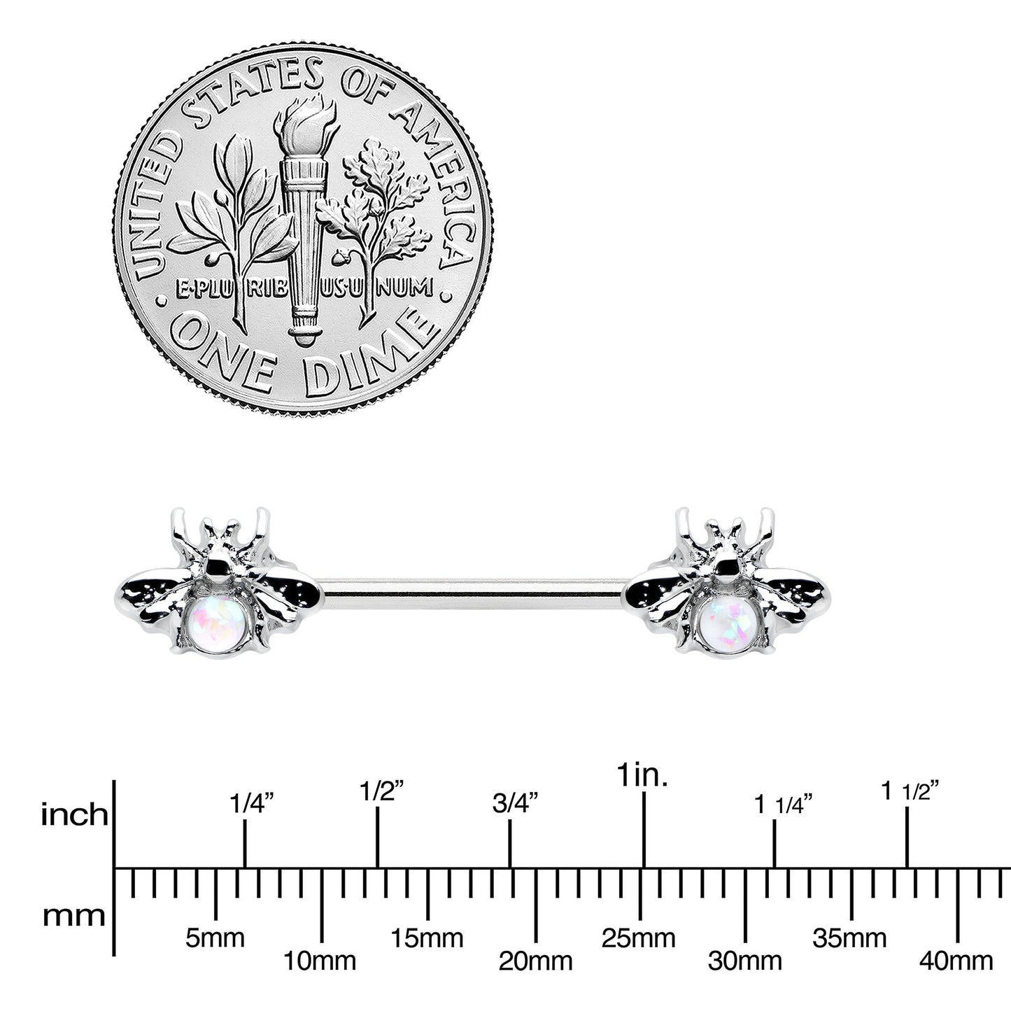 14G 9/16 White Faux Opal Bee Beauty Insect Barbell Nipple Ring Set