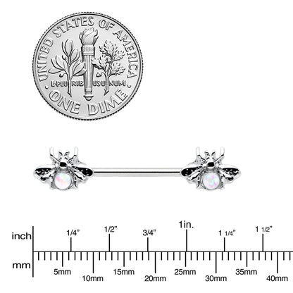 14G 9/16 White Faux Opal Bee Beauty Insect Barbell Nipple Ring Set