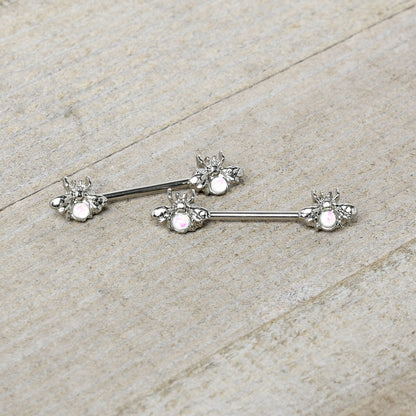 14G 9/16 White Faux Opal Bee Beauty Insect Barbell Nipple Ring Set