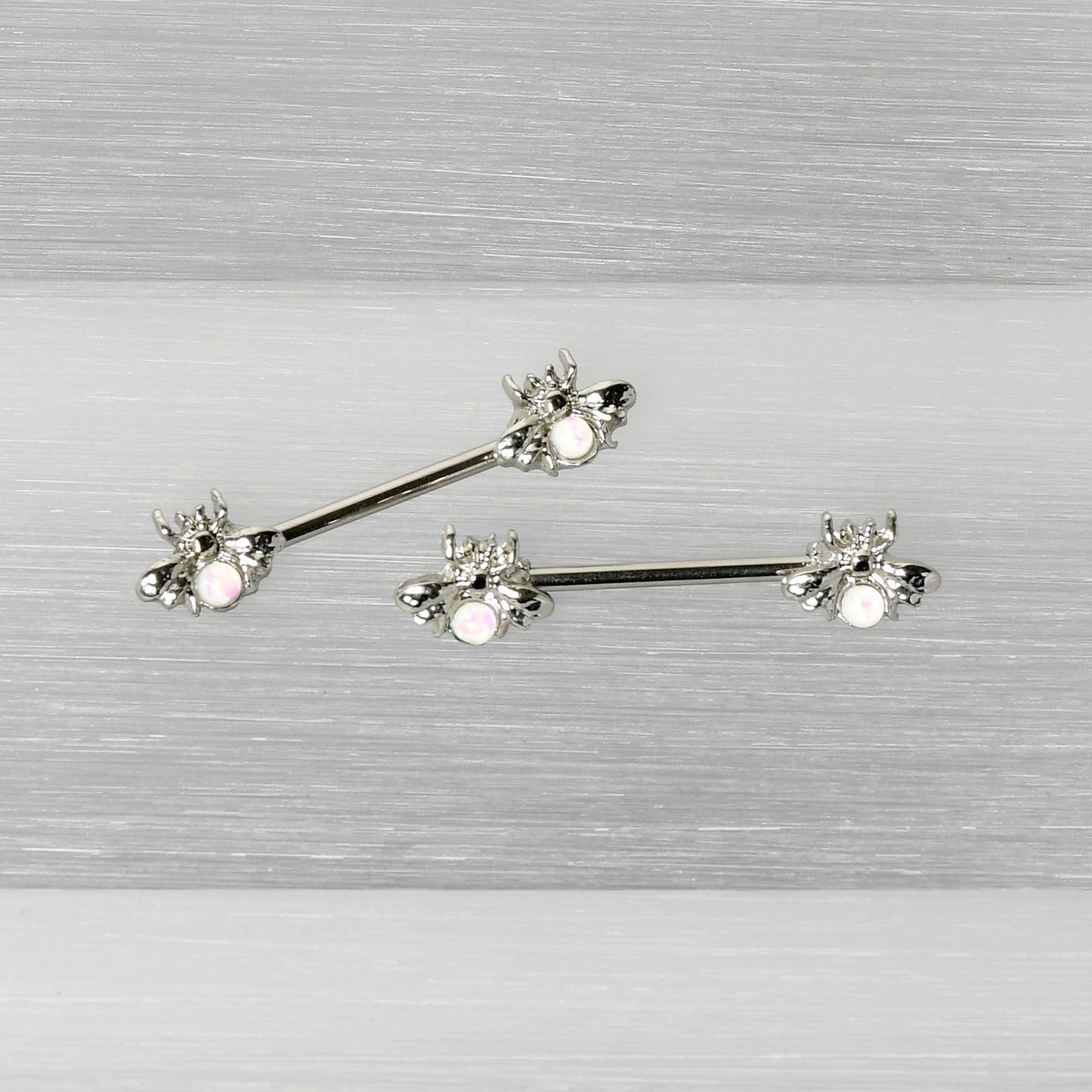 14G 9/16 White Faux Opal Bee Beauty Insect Barbell Nipple Ring Set