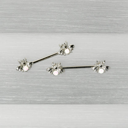14G 9/16 White Faux Opal Bee Beauty Insect Barbell Nipple Ring Set