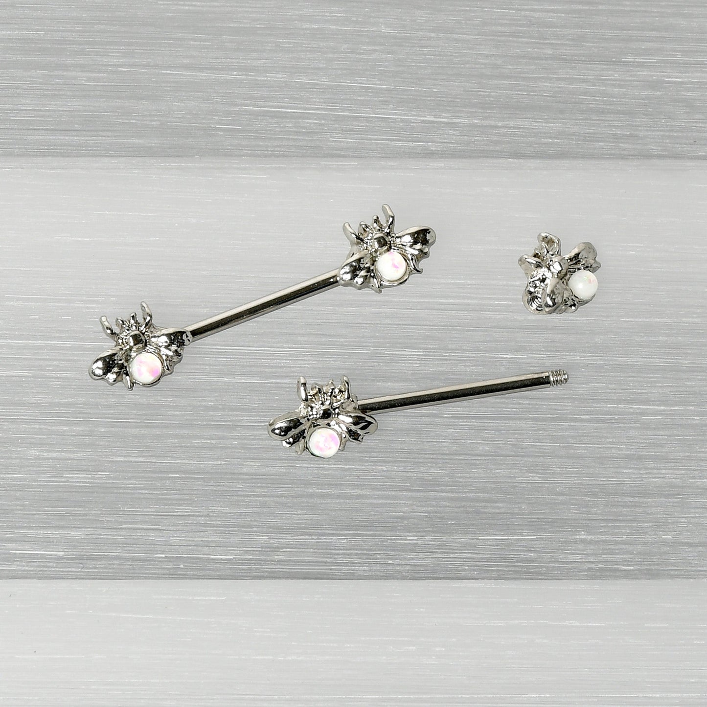 14G 9/16 White Faux Opal Bee Beauty Insect Barbell Nipple Ring Set