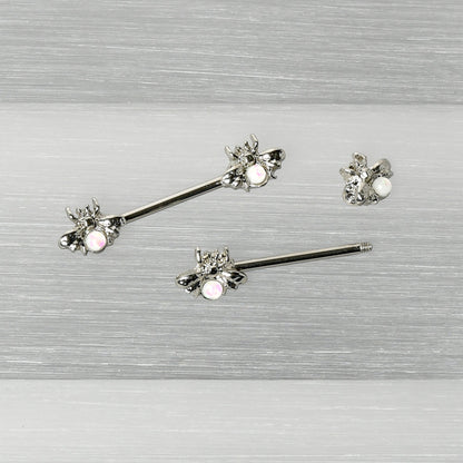 14G 9/16 White Faux Opal Bee Beauty Insect Barbell Nipple Ring Set