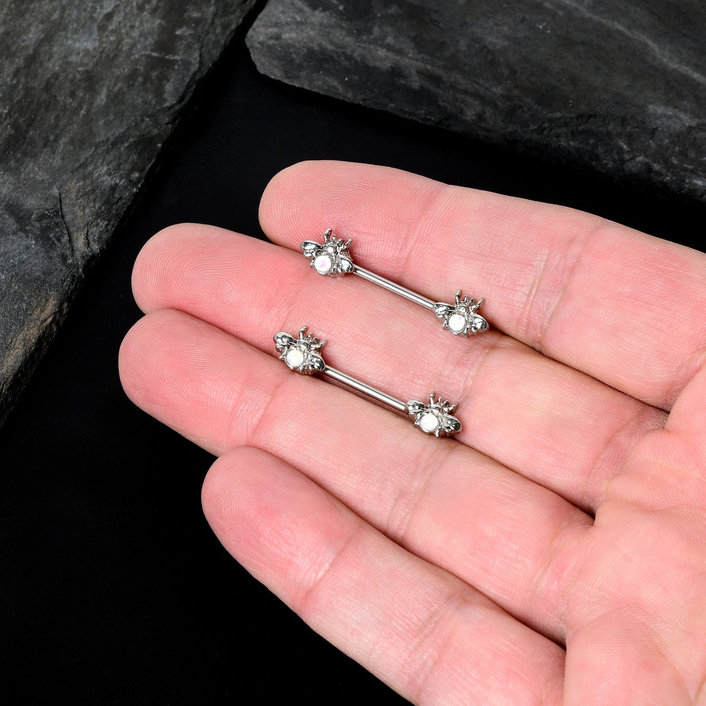 14G 9/16 White Faux Opal Bee Beauty Insect Barbell Nipple Ring Set