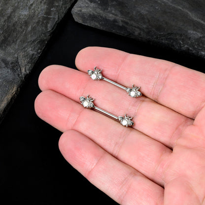 14G 9/16 White Faux Opal Bee Beauty Insect Barbell Nipple Ring Set