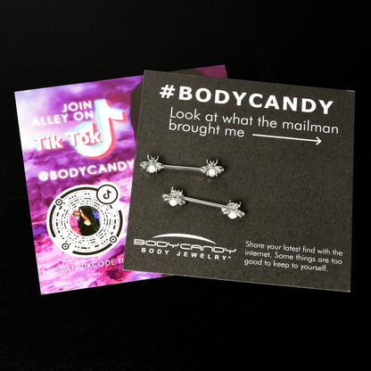 14G 9/16 White Faux Opal Bee Beauty Insect Barbell Nipple Ring Set