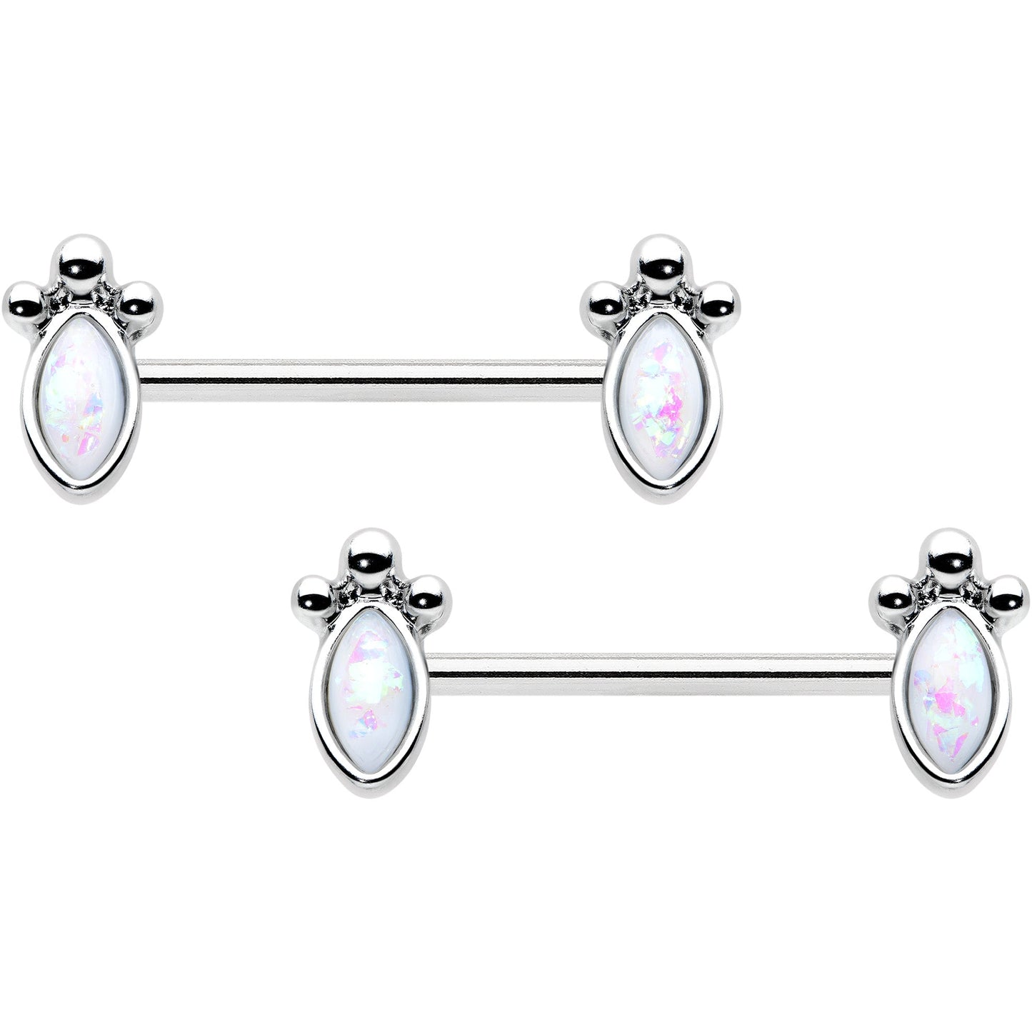 14G 9/16 White Faux Opal Deco Ovals Barbell Nipple Ring Set