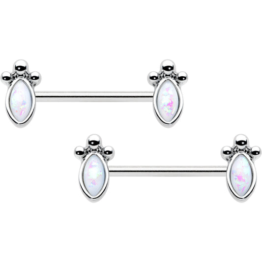 14G 9/16 White Faux Opal Deco Ovals Barbell Nipple Ring Set
