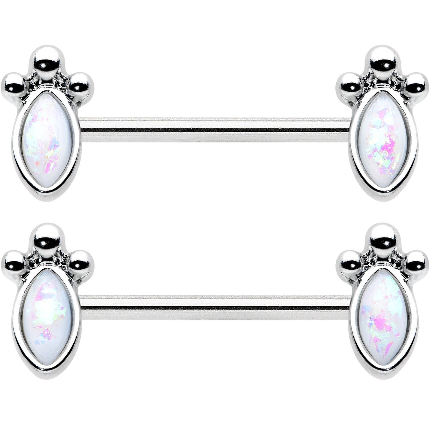 14G 9/16 White Faux Opal Deco Ovals Barbell Nipple Ring Set