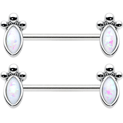 14G 9/16 White Faux Opal Deco Ovals Barbell Nipple Ring Set
