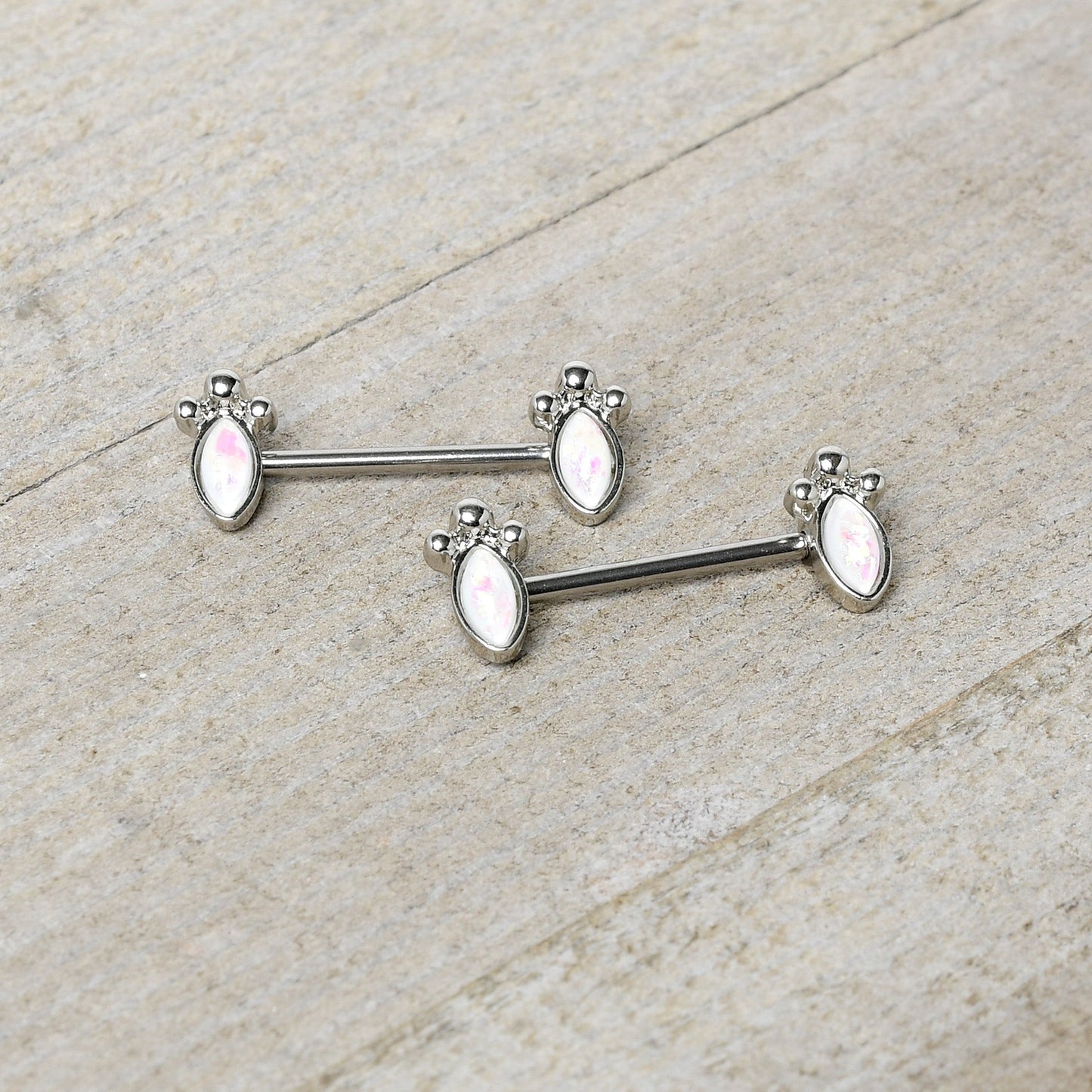 14G 9/16 White Faux Opal Deco Ovals Barbell Nipple Ring Set