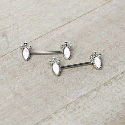 14G 9/16 White Faux Opal Deco Ovals Barbell Nipple Ring Set