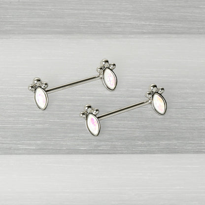 14G 9/16 White Faux Opal Deco Ovals Barbell Nipple Ring Set