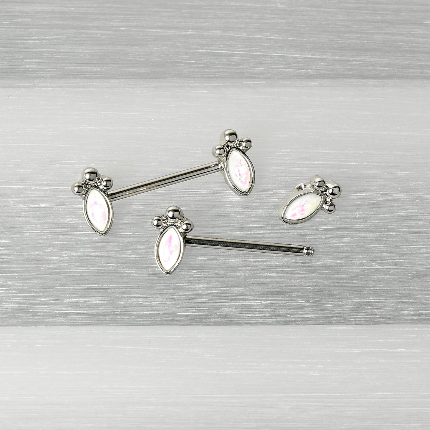 14G 9/16 White Faux Opal Deco Ovals Barbell Nipple Ring Set