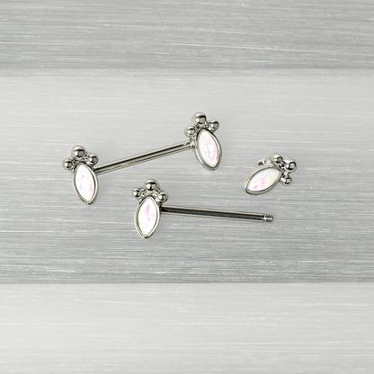 14G 9/16 White Faux Opal Deco Ovals Barbell Nipple Ring Set