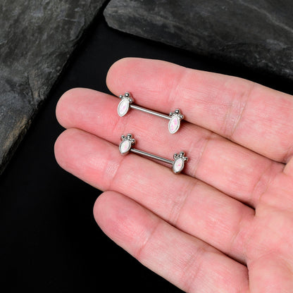 14G 9/16 White Faux Opal Deco Ovals Barbell Nipple Ring Set