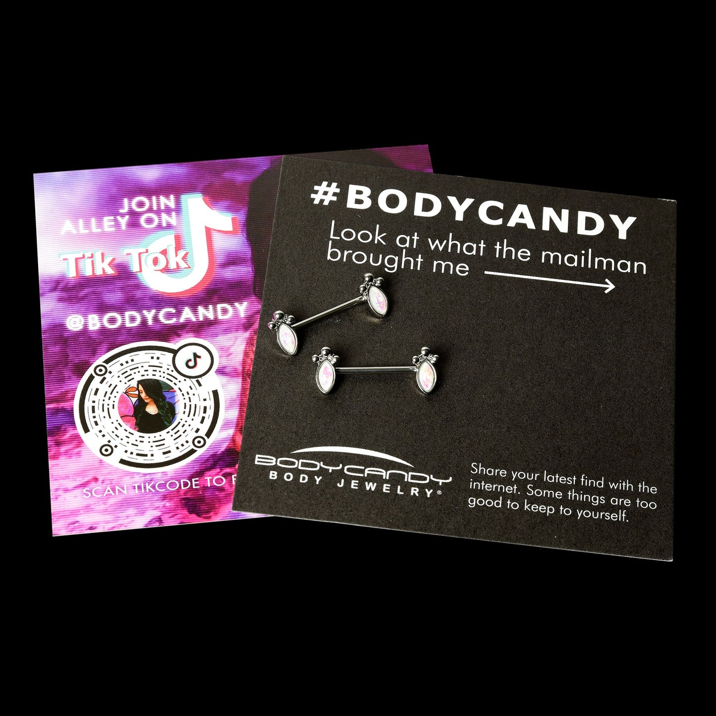 14G 9/16 White Faux Opal Deco Ovals Barbell Nipple Ring Set