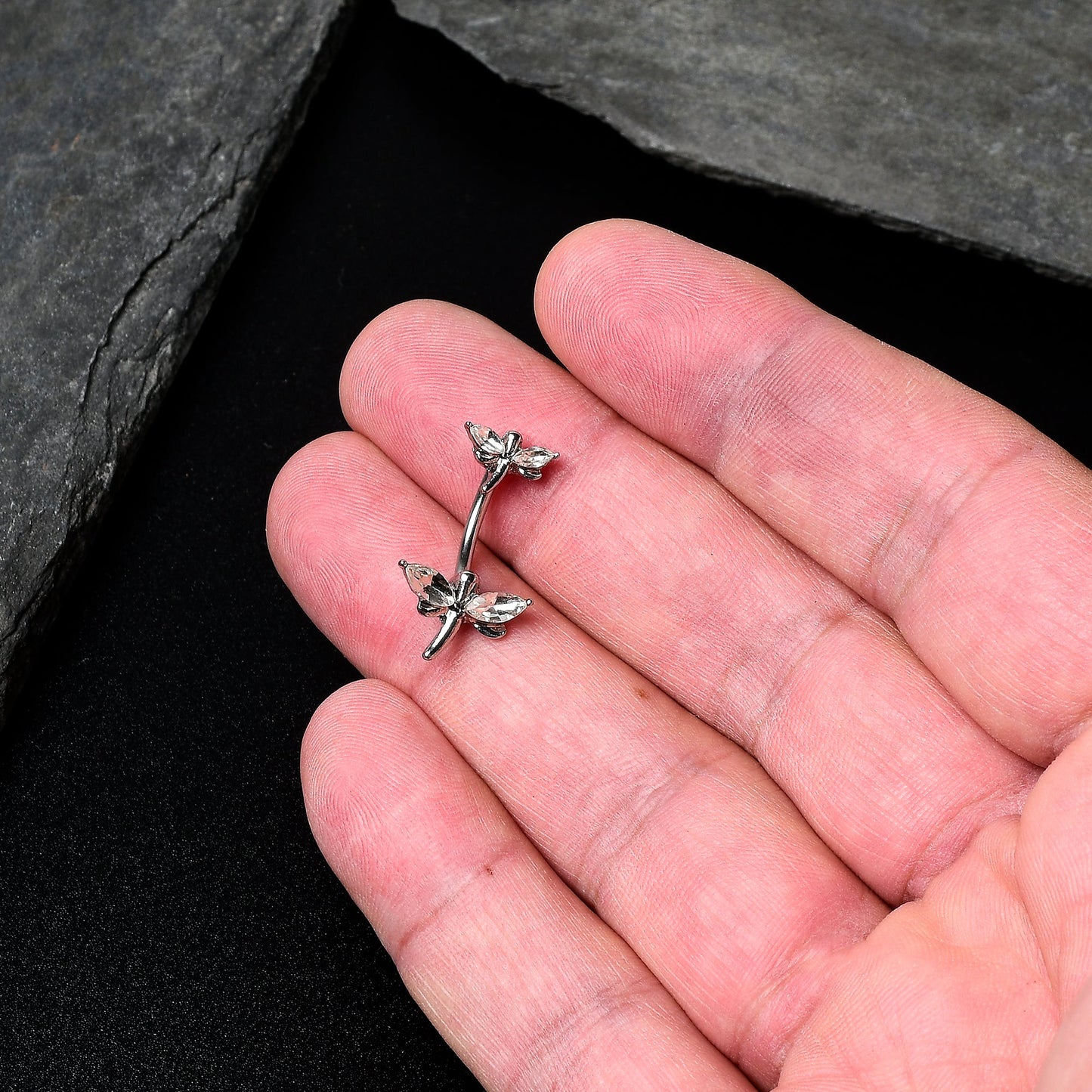 Clear Gem Simple Stylized Dragonfly Double Mount Belly Ring