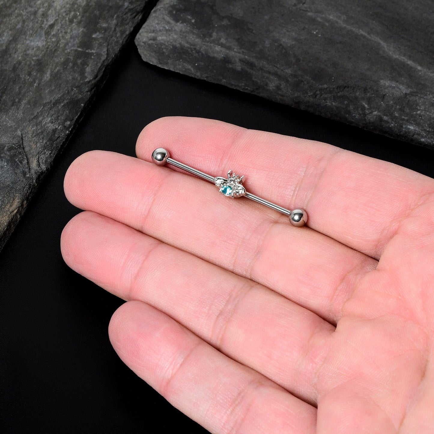 14G Blue Gem Bee Beautiful Insect Industrial Barbell 38mm