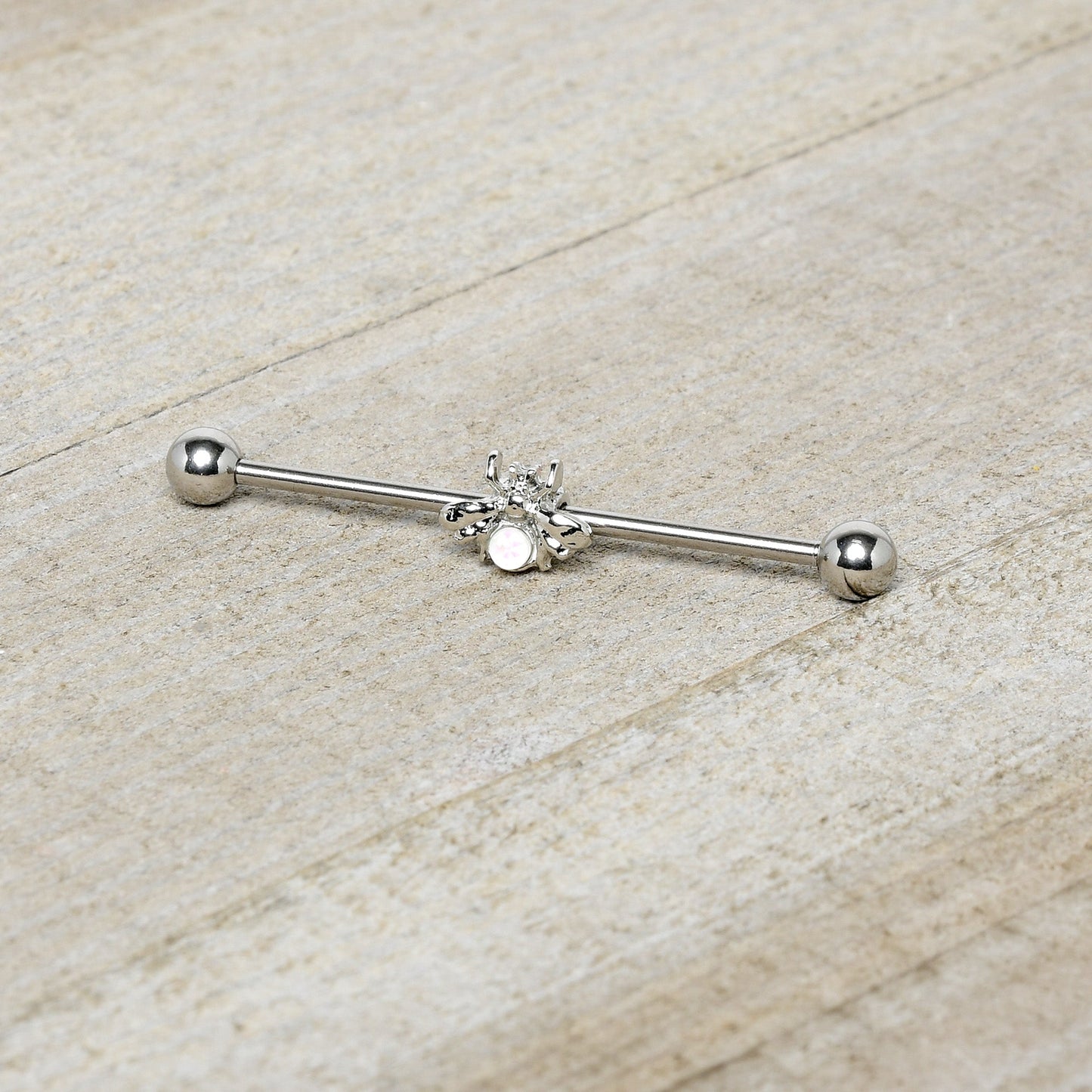 14G White Faux Opal Bee Beautiful Insect Industrial Barbell 38mm