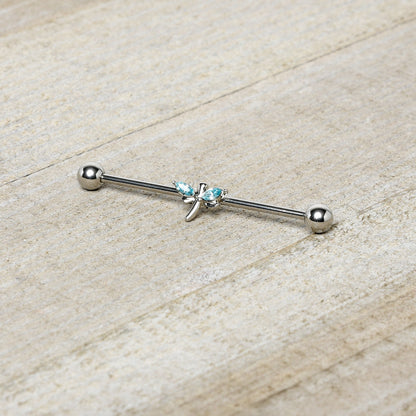 14G Blue Gem Simple Stylized Dragonfly Industrial Barbell 38mm