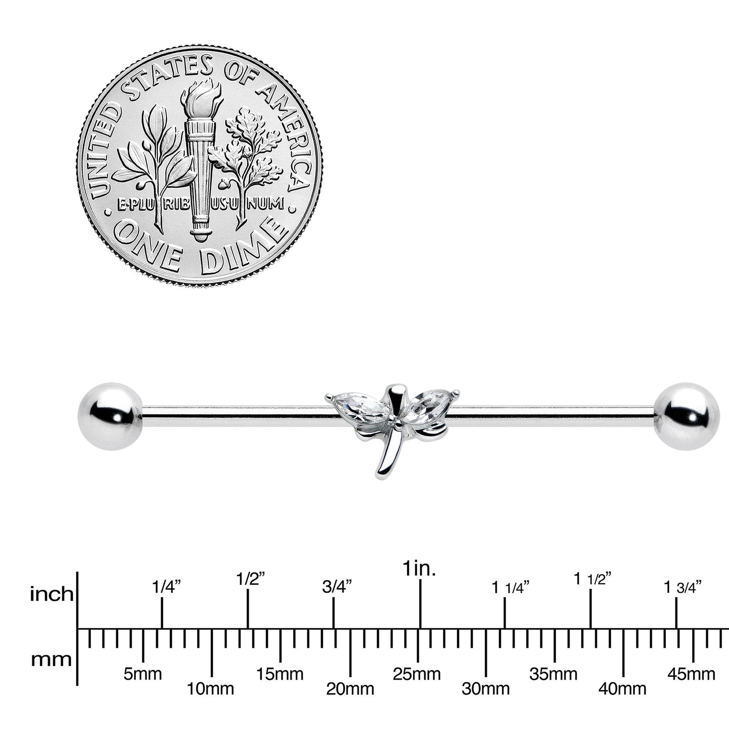 14G Clear Gem Simple Stylized Dragonfly Industrial Barbell 38mm