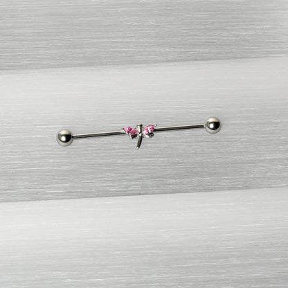 14G Pink Gem Simple Stylized Dragonfly Industrial Barbell 38mm