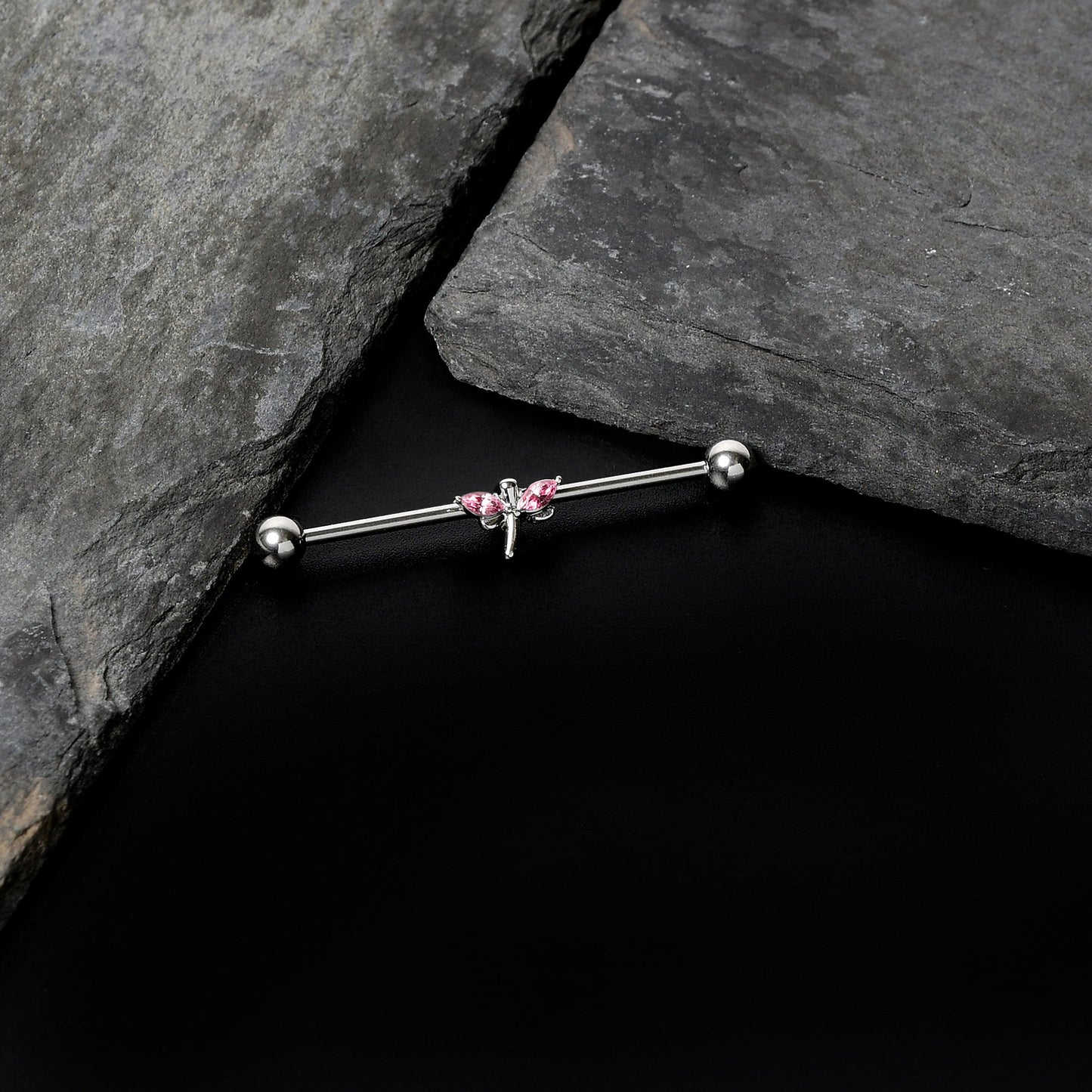 14G Pink Gem Simple Stylized Dragonfly Industrial Barbell 38mm