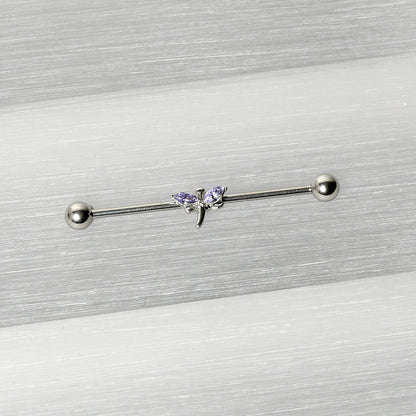 14G Purple Gem Simple Stylized Dragonfly Industrial Barbell 38mm