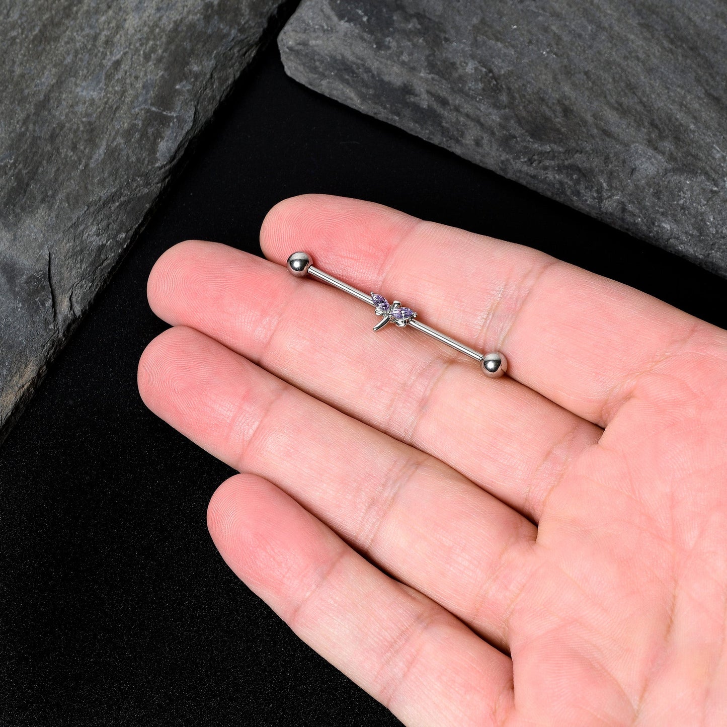 14G Purple Gem Simple Stylized Dragonfly Industrial Barbell 38mm