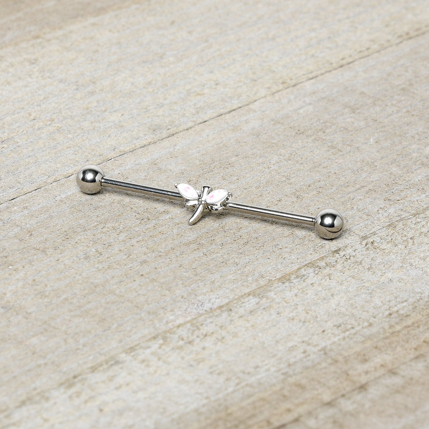 14G White Faux Opal Simple Style Dragonfly Industrial Barbell 38mm