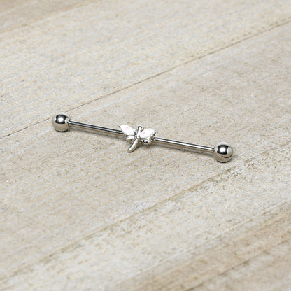 14G White Faux Opal Simple Style Dragonfly Industrial Barbell 38mm