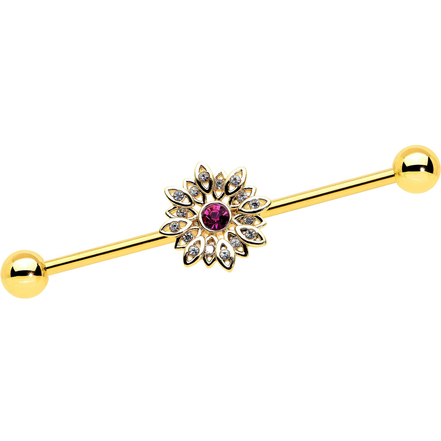 14G Clear Pink Gem Gold Tone Starry Flower Industrial Barbell 38mm