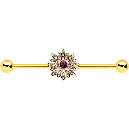 14G Clear Pink Gem Gold Tone Starry Flower Industrial Barbell 38mm