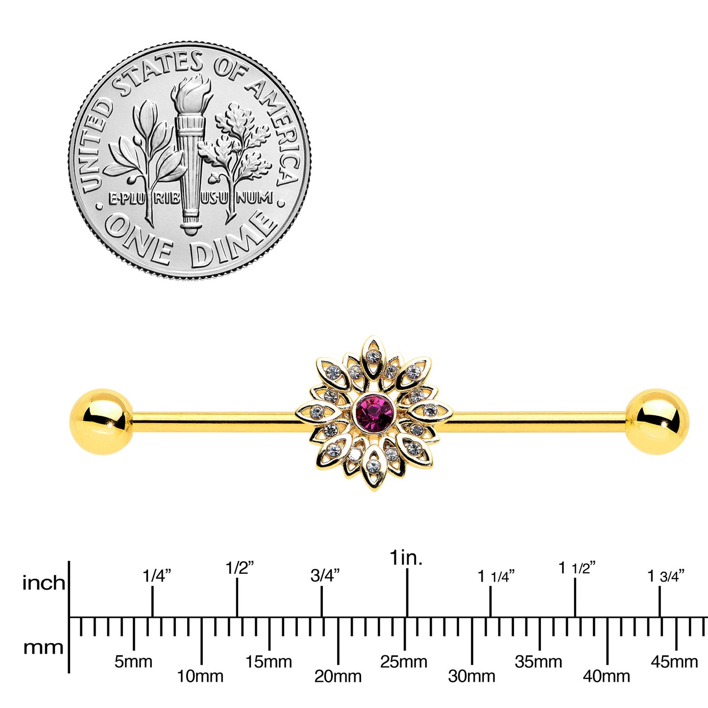 14G Clear Pink Gem Gold Tone Starry Flower Industrial Barbell 38mm