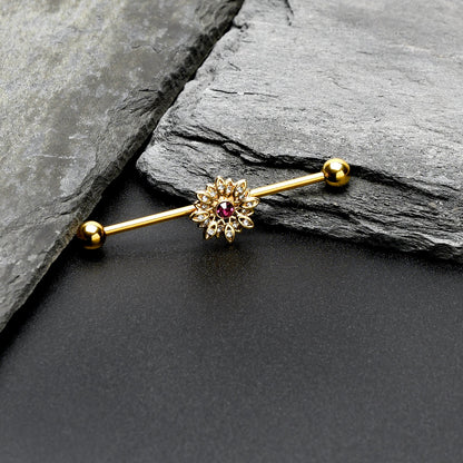 14G Clear Pink Gem Gold Tone Starry Flower Industrial Barbell 38mm