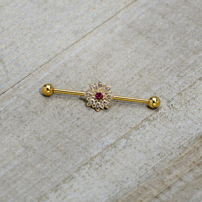14G Clear Pink Gem Gold Tone Starry Flower Industrial Barbell 38mm