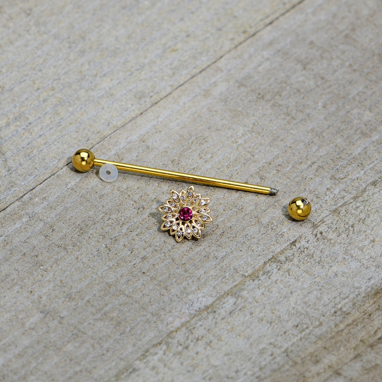 14G Clear Pink Gem Gold Tone Starry Flower Industrial Barbell 38mm