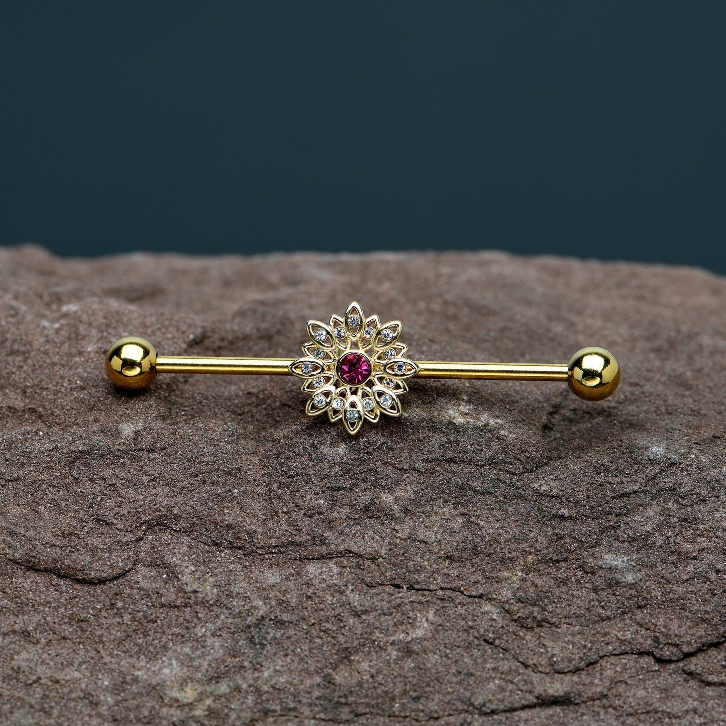 14G Clear Pink Gem Gold Tone Starry Flower Industrial Barbell 38mm